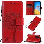 For Huawei P40 Tree & Cat Pattern Pressed Printing Horizontal Flip PU Leather Case with Holder & Card Slots & Wallet & Lanyard(Red)