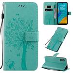 For Huawei Enjoy 10e Tree & Cat Pattern Pressed Printing Horizontal Flip PU Leather Case with Holder & Card Slots & Wallet & Lanyard(Green)