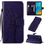 For Huawei Enjoy 10e Tree & Cat Pattern Pressed Printing Horizontal Flip PU Leather Case with Holder & Card Slots & Wallet & Lanyard(Purple)