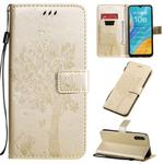 For Huawei Enjoy 10e Tree & Cat Pattern Pressed Printing Horizontal Flip PU Leather Case with Holder & Card Slots & Wallet & Lanyard(Gold)