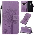 For Motorola Moto E7 Tree & Cat Pattern Pressed Printing Horizontal Flip PU Leather Case with Holder & Card Slots & Wallet & Lanyard(Light Purple)