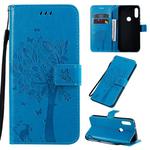 For Motorola Moto E7 Tree & Cat Pattern Pressed Printing Horizontal Flip PU Leather Case with Holder & Card Slots & Wallet & Lanyard(Blue)