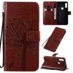 For Motorola Moto E7 Tree & Cat Pattern Pressed Printing Horizontal Flip PU Leather Case with Holder & Card Slots & Wallet & Lanyard(Brown)