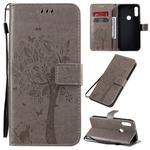 For Motorola Moto E7 Tree & Cat Pattern Pressed Printing Horizontal Flip PU Leather Case with Holder & Card Slots & Wallet & Lanyard(Grey)