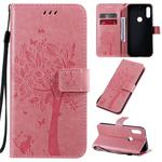 For Motorola Moto E7 Tree & Cat Pattern Pressed Printing Horizontal Flip PU Leather Case with Holder & Card Slots & Wallet & Lanyard(Pink)