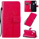 For Motorola Moto E7 Tree & Cat Pattern Pressed Printing Horizontal Flip PU Leather Case with Holder & Card Slots & Wallet & Lanyard(Rose Red)