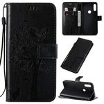 For Motorola Moto E7 Tree & Cat Pattern Pressed Printing Horizontal Flip PU Leather Case with Holder & Card Slots & Wallet & Lanyard(Black)