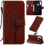 For Motorola Moto G8 Tree & Cat Pattern Pressed Printing Horizontal Flip PU Leather Case with Holder & Card Slots & Wallet & Lanyard(Brown)