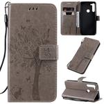 For Motorola Moto G8 Tree & Cat Pattern Pressed Printing Horizontal Flip PU Leather Case with Holder & Card Slots & Wallet & Lanyard(Grey)