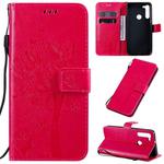 For Motorola Moto G8 Tree & Cat Pattern Pressed Printing Horizontal Flip PU Leather Case with Holder & Card Slots & Wallet & Lanyard(Rose Red)