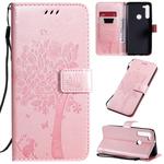 For Motorola Moto G8 Tree & Cat Pattern Pressed Printing Horizontal Flip PU Leather Case with Holder & Card Slots & Wallet & Lanyard(Rose Gold)