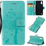 For Galaxy A01 Tree & Cat Pattern Pressed Printing Horizontal Flip PU Leather Case with Holder & Card Slots & Wallet & Lanyard(Green)