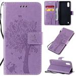 For Galaxy A01 Tree & Cat Pattern Pressed Printing Horizontal Flip PU Leather Case with Holder & Card Slots & Wallet & Lanyard(Light Purple)