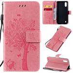 For Galaxy A01 Tree & Cat Pattern Pressed Printing Horizontal Flip PU Leather Case with Holder & Card Slots & Wallet & Lanyard(Pink)