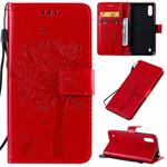 For Galaxy A01 Tree & Cat Pattern Pressed Printing Horizontal Flip PU Leather Case with Holder & Card Slots & Wallet & Lanyard(Red)