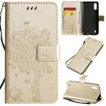 For Galaxy A01 Tree & Cat Pattern Pressed Printing Horizontal Flip PU Leather Case with Holder & Card Slots & Wallet & Lanyard(Gold)