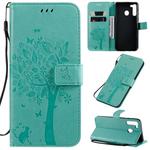 For Galaxy A21 Tree & Cat Pattern Pressed Printing Horizontal Flip PU Leather Case with Holder & Card Slots & Wallet & Lanyard(Green)