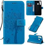 For Galaxy A21 Tree & Cat Pattern Pressed Printing Horizontal Flip PU Leather Case with Holder & Card Slots & Wallet & Lanyard(Blue)