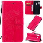 For Galaxy A70e Tree & Cat Pattern Pressed Printing Horizontal Flip PU Leather Case with Holder & Card Slots & Wallet & Lanyard(Rose Red)