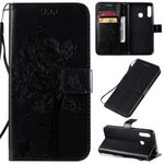 For Galaxy A70e Tree & Cat Pattern Pressed Printing Horizontal Flip PU Leather Case with Holder & Card Slots & Wallet & Lanyard(Black)