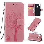 For Galaxy M11 / A11 Tree & Cat Pattern Pressed Printing Horizontal Flip PU Leather Case with Holder & Card Slots & Wallet & Lanyard(Pink)