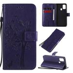 For Galaxy M31 Tree & Cat Pattern Pressed Printing Horizontal Flip PU Leather Case with Holder & Card Slots & Wallet & Lanyard(Purple)