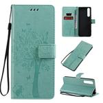 For Sony Xperia 1 II Tree & Cat Pattern Pressed Printing Horizontal Flip PU Leather Case with Holder & Card Slots & Wallet & Lanyard(Green)