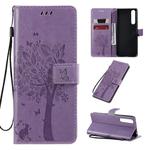 For Sony Xperia 1 II Tree & Cat Pattern Pressed Printing Horizontal Flip PU Leather Case with Holder & Card Slots & Wallet & Lanyard(Light Purple)