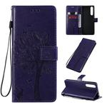 For Sony Xperia 1 II Tree & Cat Pattern Pressed Printing Horizontal Flip PU Leather Case with Holder & Card Slots & Wallet & Lanyard(Purple)