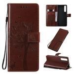 For Sony Xperia 1 II Tree & Cat Pattern Pressed Printing Horizontal Flip PU Leather Case with Holder & Card Slots & Wallet & Lanyard(Brown)