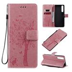 For Sony Xperia 1 II Tree & Cat Pattern Pressed Printing Horizontal Flip PU Leather Case with Holder & Card Slots & Wallet & Lanyard(Pink)