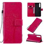 For Sony Xperia 1 II Tree & Cat Pattern Pressed Printing Horizontal Flip PU Leather Case with Holder & Card Slots & Wallet & Lanyard(Rose Red)