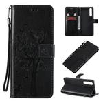 For Sony Xperia 1 II Tree & Cat Pattern Pressed Printing Horizontal Flip PU Leather Case with Holder & Card Slots & Wallet & Lanyard(Black)