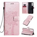For Sony Xperia 1 II Tree & Cat Pattern Pressed Printing Horizontal Flip PU Leather Case with Holder & Card Slots & Wallet & Lanyard(Rose Gold)