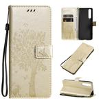For Sony Xperia 1 II Tree & Cat Pattern Pressed Printing Horizontal Flip PU Leather Case with Holder & Card Slots & Wallet & Lanyard(Gold)