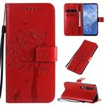 For Xiaomi Mi 10 5G / Mi 10 Pro 5G Tree & Cat Pattern Pressed Printing Horizontal Flip PU Leather Case with Holder & Card Slots & Wallet & Lanyard(Red)