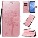 For Xiaomi Mi 10 5G / Mi 10 Pro 5G Tree & Cat Pattern Pressed Printing Horizontal Flip PU Leather Case with Holder & Card Slots & Wallet & Lanyard(Rose Gold)