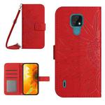 For Motorola Moto E7 Skin Feel Sun Flower Pattern Flip Leather Phone Case with Lanyard(Red)