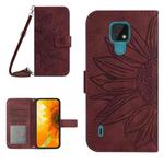 For Motorola Moto E7 Skin Feel Sun Flower Pattern Flip Leather Phone Case with Lanyard(Wine Red)