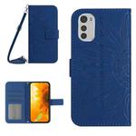 For Motorola Moto E32/E32S Skin Feel Sun Flower Pattern Flip Leather Phone Case with Lanyard(Dark Blue)