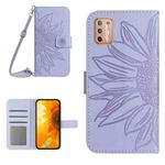 For Motorola Moto G9 Plus Skin Feel Sun Flower Pattern Flip Leather Phone Case with Lanyard(Purple)