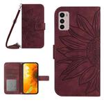 For Motorola Moto G42 Skin Feel Sun Flower Pattern Flip Leather Phone Case with Lanyard(Wine Red)