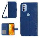 For Motorola Moto G51 5G Skin Feel Sun Flower Pattern Flip Leather Phone Case with Lanyard(Dark Blue)