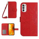 For Motorola Moto G52J Skin Feel Sun Flower Pattern Flip Leather Phone Case with Lanyard(Red)