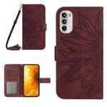 For Motorola Moto G52J Skin Feel Sun Flower Pattern Flip Leather Phone Case with Lanyard(Wine Red)