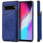 For Galaxy S10 5G Cat Tree Embossing Pattern Shockproof Protective Case with Card Slots & Photo Frame & Holder(Blue)