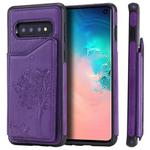 For Galaxy S10 Cat Tree Embossing Pattern Shockproof Protective Case with Card Slots & Photo Frame & Holder(Purple)