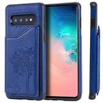 For Galaxy S10 Cat Tree Embossing Pattern Shockproof Protective Case with Card Slots & Photo Frame & Holder(Blue)