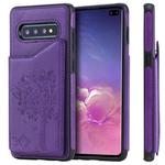 For Galaxy S10+ Cat Tree Embossing Pattern Shockproof Protective Case with Card Slots & Photo Frame & Holder(Purple)