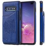 For Galaxy S10+ Cat Tree Embossing Pattern Shockproof Protective Case with Card Slots & Photo Frame & Holder(Blue)